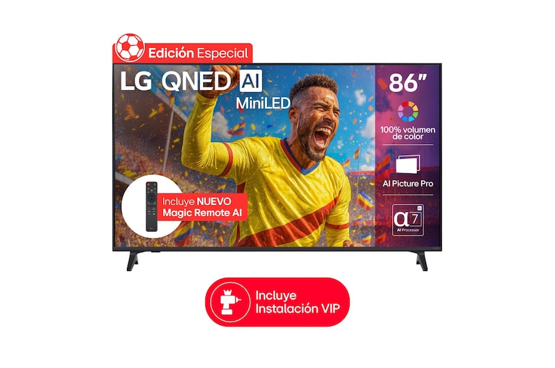 Vista frontal de TV LG 86" QNED Mini LED AI 4K – El fútbol en su máxima expresión 86QNED73ASA